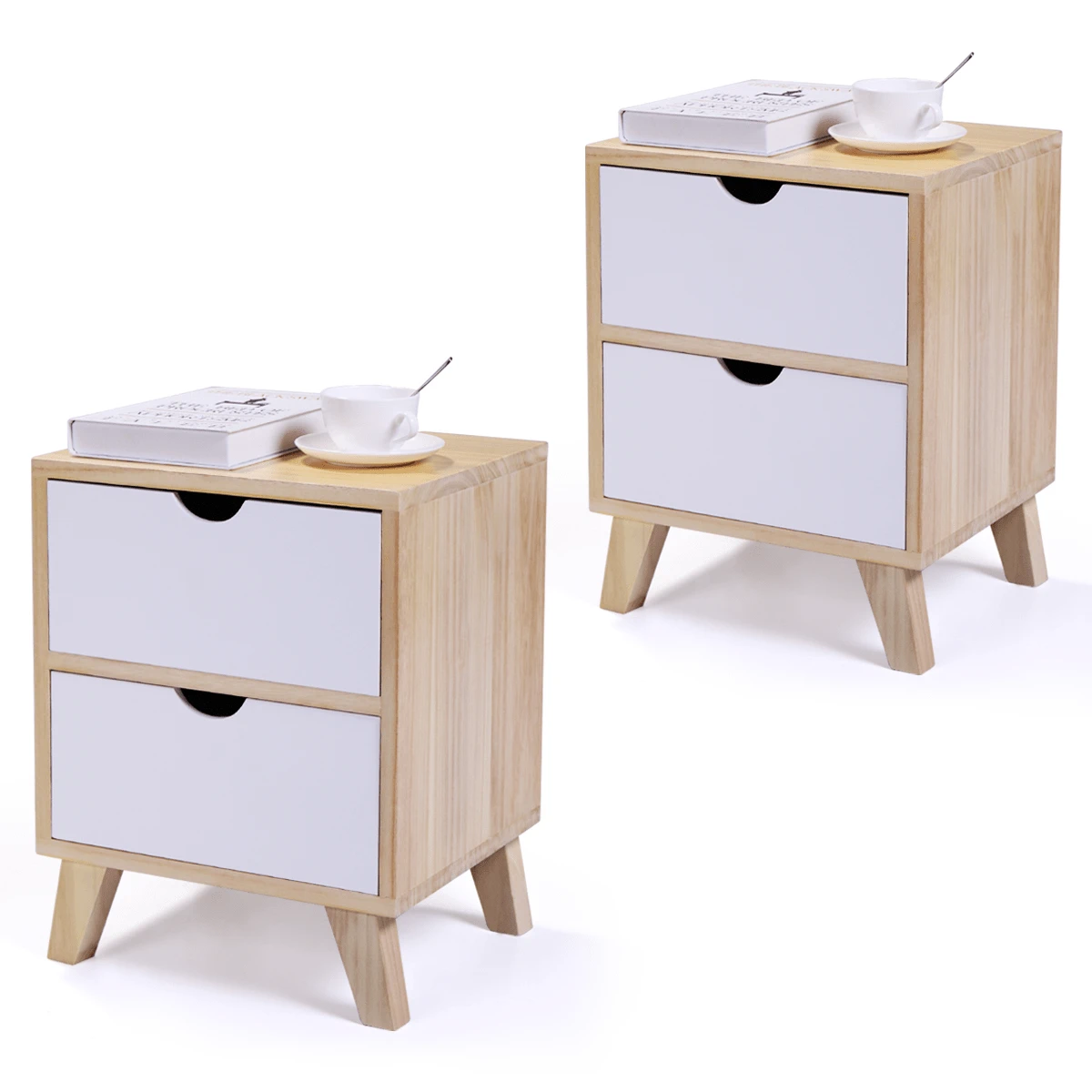 Wooden Nightstand with Two Drawers, End Table with Tall Legs, Multiple Usages Bedside Table, Indoors, Burlywood, White 2Pcs - trắng - Xem 1