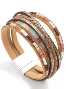 1 件波西米亚长款皮革手工手链多层彩色种子珠双层手链波西米亚风宽扣腕带珠宝礼物 - 卡其色 - 查看 2