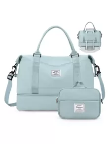 旅行行李袋、運動手提包、帶有手推輪套的體育健身行李袋,肩帶的週末過夜袋,帶濕袋和鞋格,面向女性旅遊/商務/禮物/健身,大型分娩醫院袋,附化妝包 - 淺藍色 - 查看 1