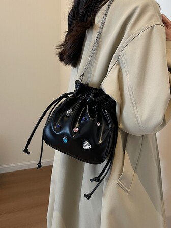 時尚迷你抽繩設計單肩包帶水鑽裝飾用品