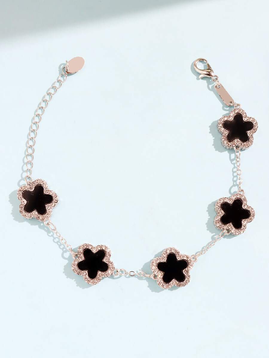 1入組鍍銀五花瓣黑色花和水鑽裝飾手環適合女士