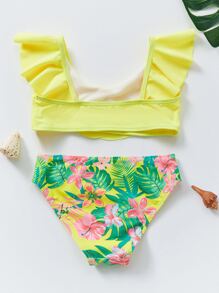 Tween Girl Solid Ruffle Trim Crop Top And Floral Print Triangle Bikini Set Set - Yellow - View 2