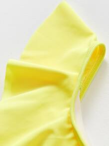 Tween Girl Solid Ruffle Trim Crop Top And Floral Print Triangle Bikini Set Set - Yellow - View 7