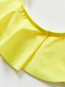 Tween Girl Solid Ruffle Trim Crop Top And Floral Print Triangle Bikini Set Set - Yellow - View 6