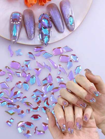 100 قطعة من الأحجار الكريستالية البنفسجية الأورورا اللامعة بتصميم هندسي فاخر لتزيين أظافر الحفلات، إكسسوارات أظافر DIY، أحجار أظافر، لوازم أظافر