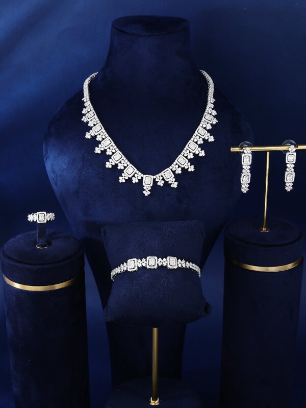 4pcs/Set Silver Tone Bowknot Design Cubic Zirconia Basic Jewelry Set Including Necklace, Earrings, Bracelet And Ring For Formal Occasions