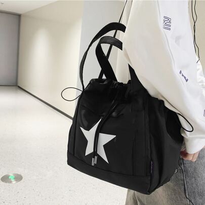 Large Capacity Women's Shoulder Bag Tote, Black & White Contrast Star Print Nylon Waterproof Fabric, Daily Commute Bag, Fashionable Star Print Women's Handbag, Hollow-Out Star Design Women Bag