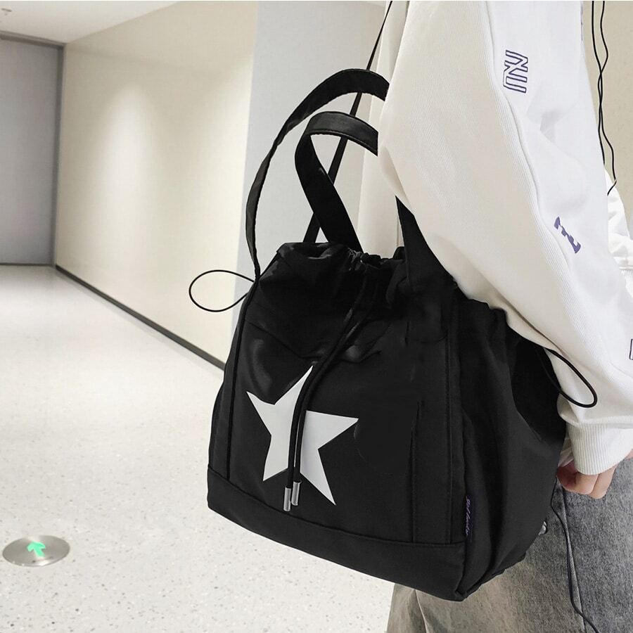 大容量女士单肩手提包,黑白撞色星形印花尼龙防水面料,日常通勤包,时尚星形印花女士手提包,镂空星形设计女士包 - 黑色 - 查看 1