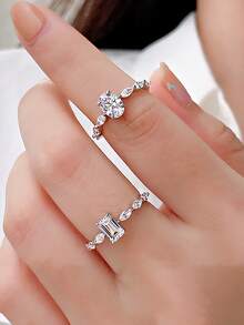 1 件 S925 纯银矩形和椭圆形锆石戒指，适合女士，奢华、时尚、百搭，适合食指的配饰和礼物 - 方形 - 查看 6