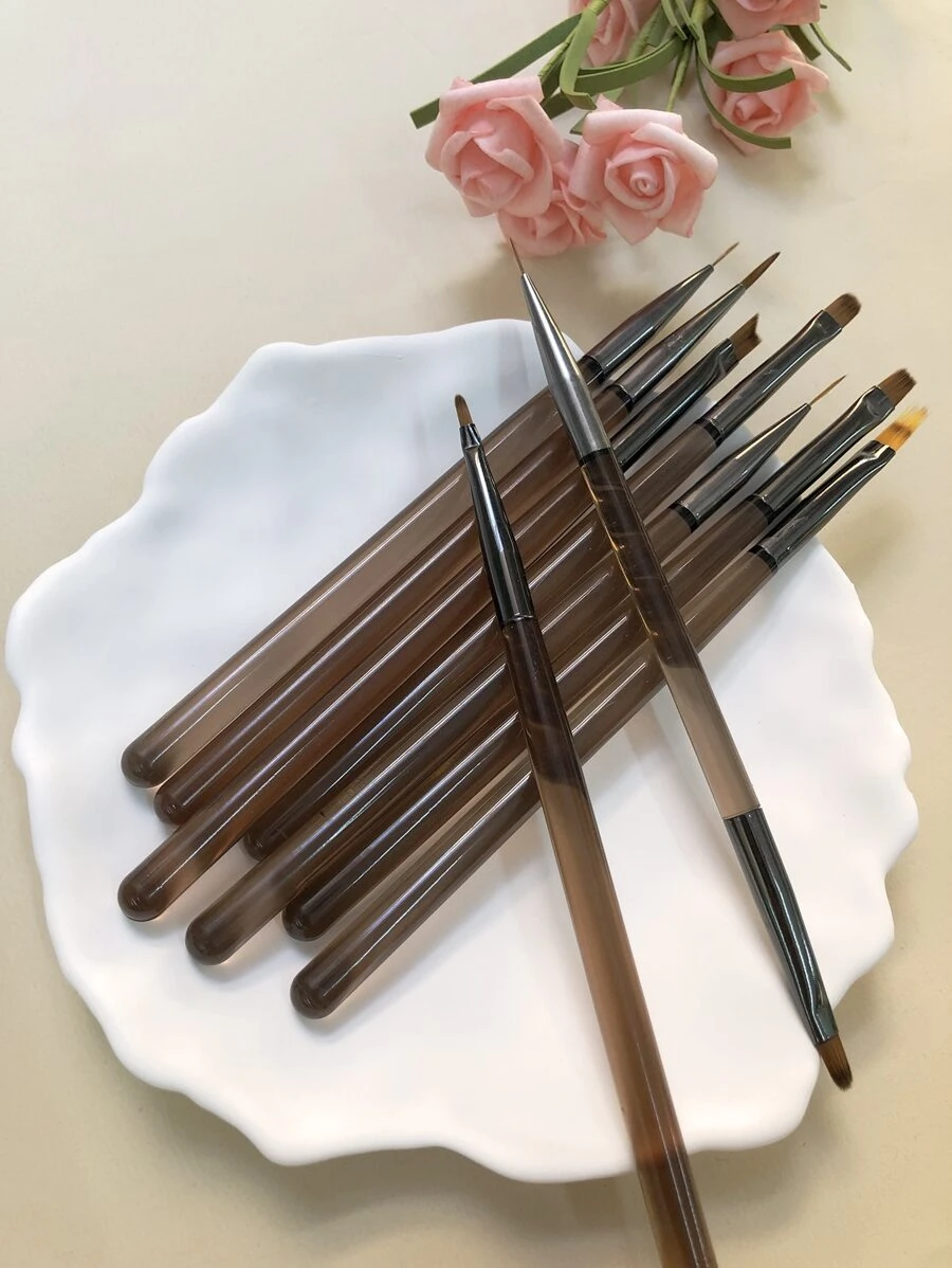 9Pcs/Set Coffee Color Translucent Acrylic Nail Art Brushes Set Nail Art Liner Drawing Pen Nail Manicure Decoration Tools - Chocolate Brown - View 1