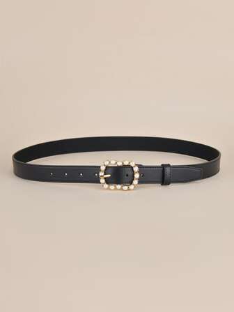 時尚珍珠&水鑽裝飾人造PU皮腰帶,合適的適用於連衣裙,牛仔褲