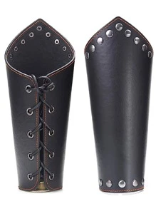 2 Pieces Leather Gauntlet Wristband - Medieval Leather Armor Bracers With Three Rings - Black - View 1