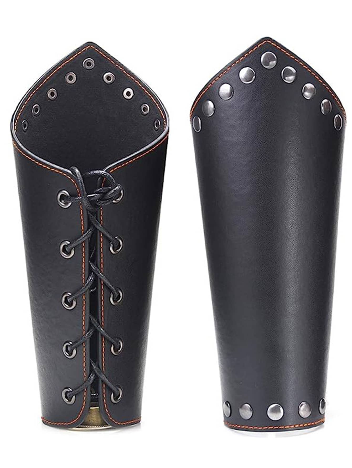 2 Pieces Leather Gauntlet Wristband - Medieval Leather Armor Bracers With Three Rings - Black - View 1