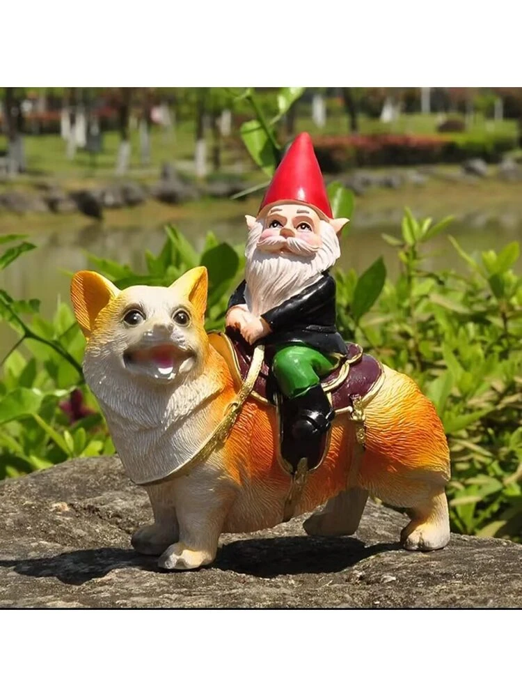 1pc Gnome Ornament Riding A Corgi Dog, Resin Mini Landscape Decor, Funny Craft Ornament For Office & Patio, Garden Decor