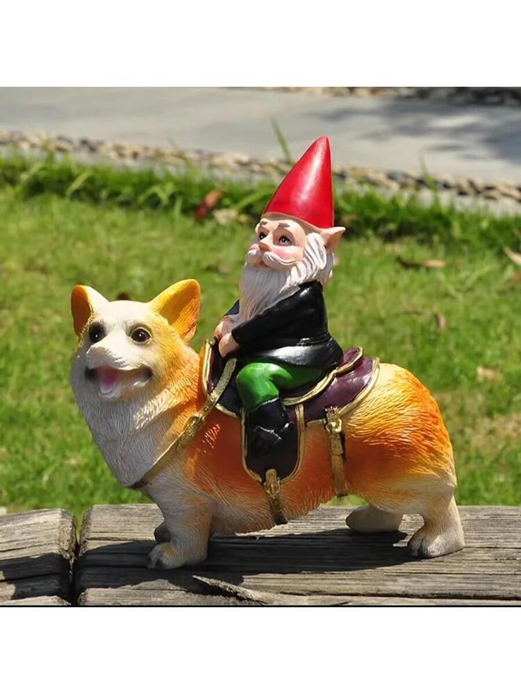 1pc Gnome Ornament Riding A Corgi Dog, Resin Mini Landscape Decor, Funny Craft Ornament For Office & Patio, Garden Decor