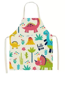 1入組卡通恐龍系列亚麻廚房圍兜圍裙適用於烹飪,餐具,清潔