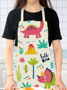 1入組卡通恐龍系列亚麻廚房圍兜圍裙適用於烹飪,餐具,清潔