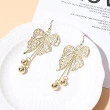 1 对合金轻质大蝴蝶结流苏耳环，适合女士女孩装饰 - 金黃色 - 查看 2