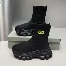 女士厚底靴，新款夏季休閒高筒運動襪鞋，短筒靴，高筒鞋，時尚彈性透氣襪靴，厚重運動鞋，易穿脫運動鞋，萬能款 - 黑色 - 查看 1