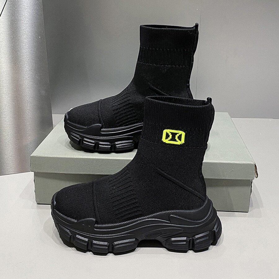 女士厚底靴，新款夏季休閒高筒運動襪鞋，短筒靴，高筒鞋，時尚彈性透氣襪靴，厚重運動鞋，易穿脫運動鞋，萬能款 - 黑色 - 查看 1