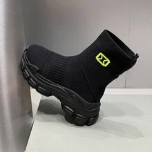 女士厚底靴，新款夏季休閒高筒運動襪鞋，短筒靴，高筒鞋，時尚彈性透氣襪靴，厚重運動鞋，易穿脫運動鞋，萬能款 - 黑色 - 查看 3