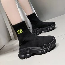 女士厚底靴，新款夏季休閒高筒運動襪鞋，短筒靴，高筒鞋，時尚彈性透氣襪靴，厚重運動鞋，易穿脫運動鞋，萬能款 - 黑色 - 查看 2