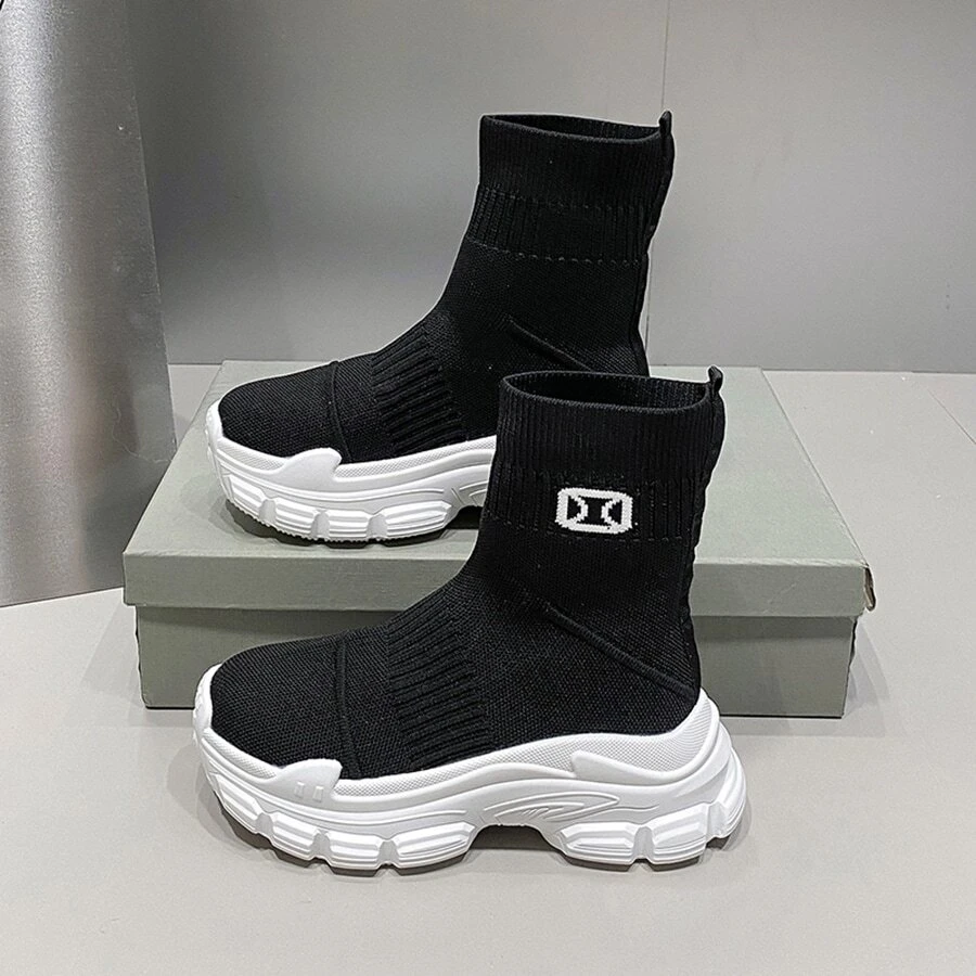 女式厚底靴，高筒，新潮流，夏季，透氣，彈性襪子鞋，短靴，厚底鞋，滑步運動鞋，百搭