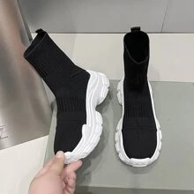 女式厚底靴，高筒，新潮流，夏季，透氣，彈性襪子鞋，短靴，厚底鞋，滑步運動鞋，百搭