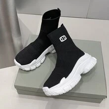 女式厚底靴，高筒，新潮流，夏季，透氣，彈性襪子鞋，短靴，厚底鞋，滑步運動鞋，百搭