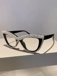 1pc Women's Rhinestone Decorated Cat Eye Shape Clear Lens Glasses Clear Glasses Accessories Halloween Glasses Accessories For Women - Black - View 2