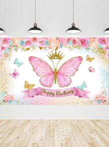 1入組粉色蝴蝶皇冠生日派對蝴蝶圖案背景織物 - 彩色 - 查看 1