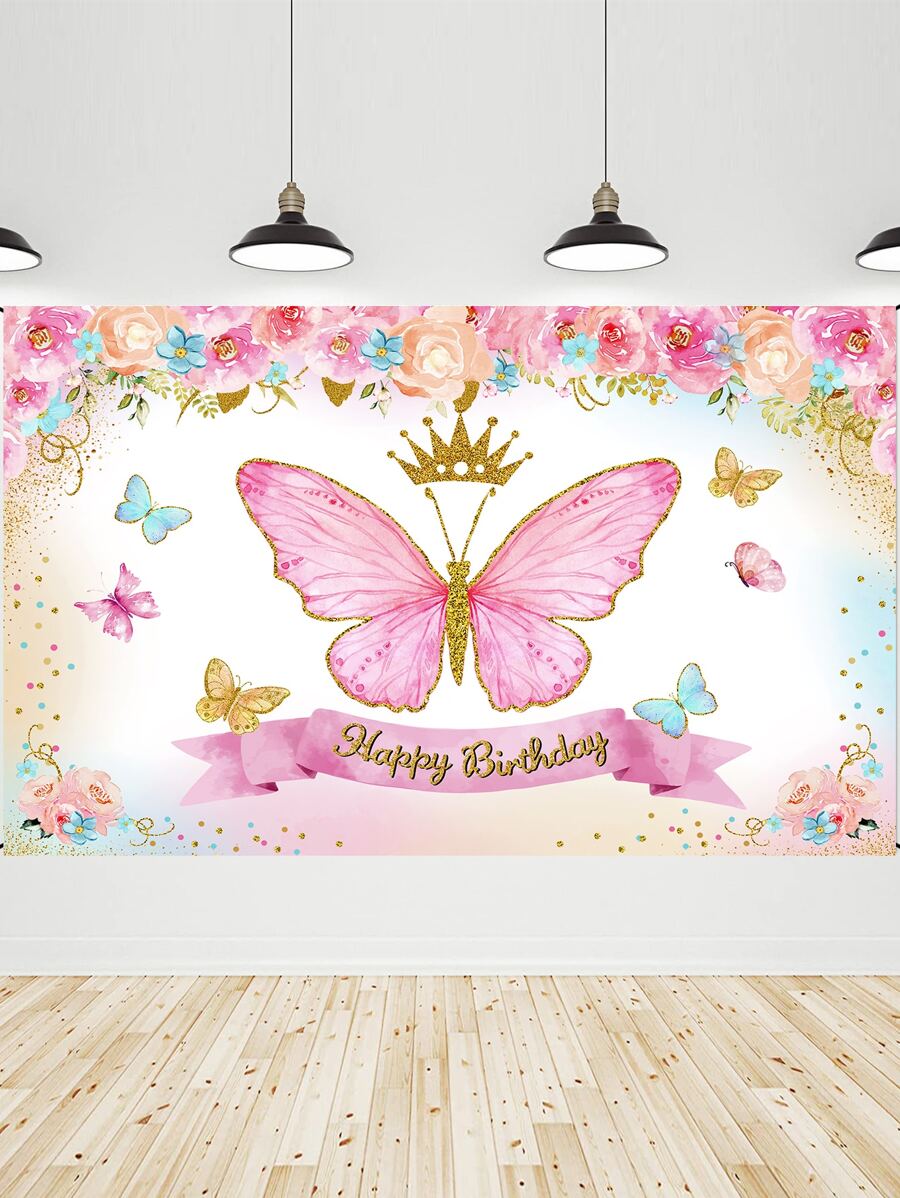 1入組粉色蝴蝶皇冠生日派對蝴蝶圖案背景織物 - 彩色 - 查看 1