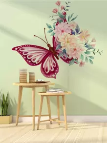 mama look 1 pegatina de pared de mariposa y flores coloridas para dormitorio, sala de estar, decoración del hogar de entrada - Rosa Fucsia - Ver 1