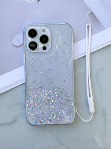 Sequin Decor Phone Case With Lanyard - White - View 3