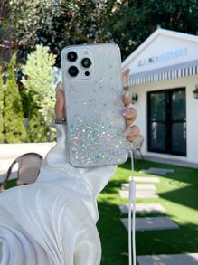 Sequin Decor Phone Case With Lanyard - White - View 2
