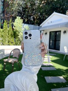 Sequin Decor Phone Case With Lanyard - White - View 1