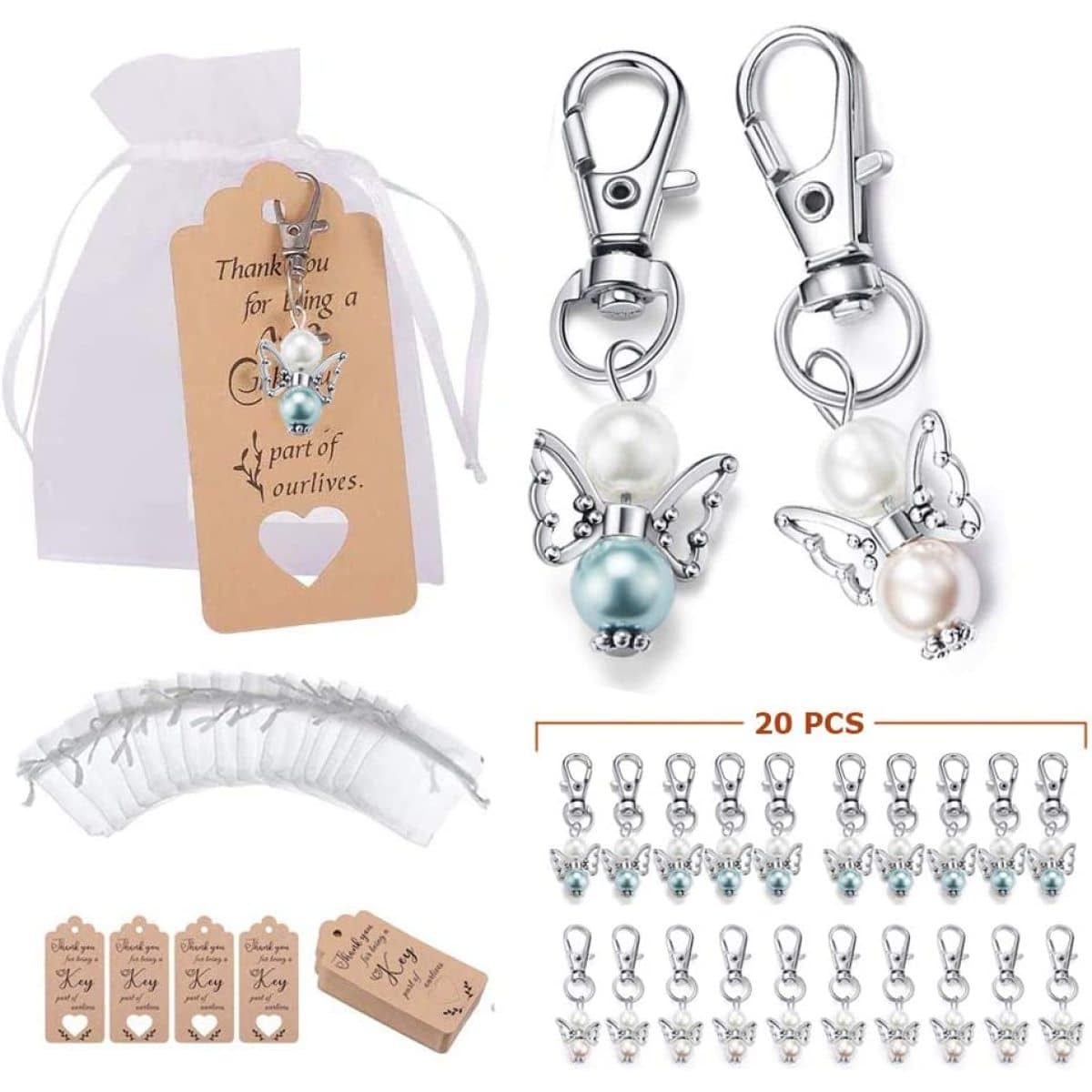 Angel Keychain Favors Thank You Gifts Bulk 20Pcs Guardian Angel Key Chains with Organza Bags Thank You Cards Guest Return Gift for Girl Boy Baptism Baby Shower Wedding Birthday Party - 白色 - 查看 1