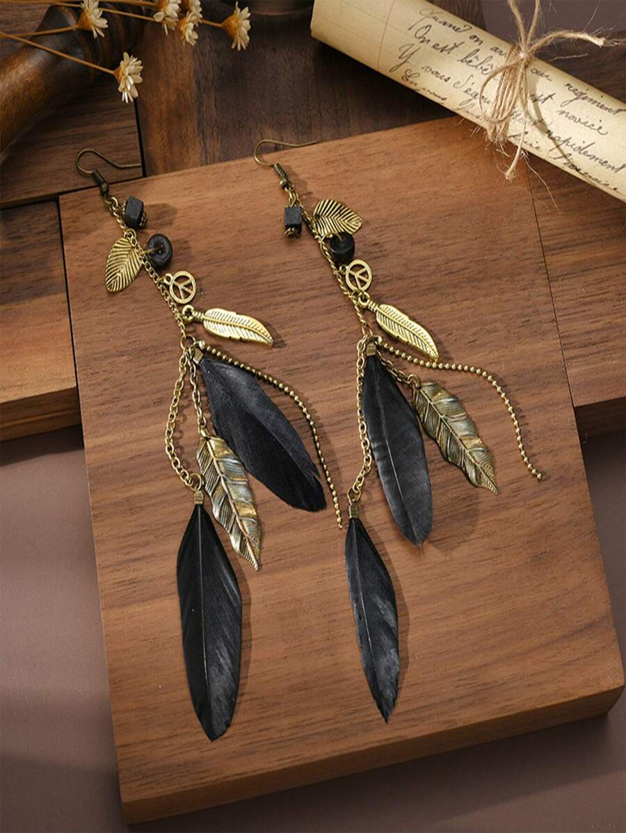 Vintage Long Wooden Beaded Feather Earrings, Bohemian Style Western Style Ear Accessory For Women