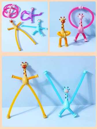 藍色吸盤式長頸鹿多功能卡通彈力管子減壓互動玩具