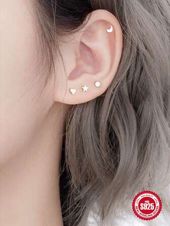 2入組S925純銀Love星星月亮小打耳洞防堵耳釘女性日常裝飾用品精細的首飾類