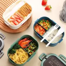 1 pieza Caja bento con doble capa y divisores apta para microondas, caja de almuerzo portátil y de mano para estudiantes, cocina, regalo de Navidad, útiles escolares - Azul - Ver 7