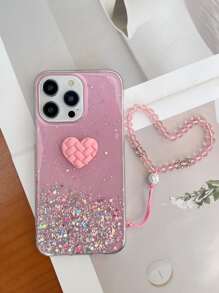 心形装饰手机壳，带挂绳，国际版，非国内版 - 粉色 - 查看 1