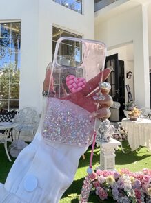 心形装饰手机壳，带挂绳，国际版，非国内版 - 粉色 - 查看 3