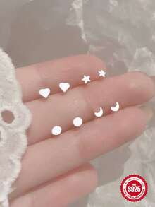 2入組S925純銀Love星星月亮小打耳洞防堵耳釘女性日常裝飾用品精細的首飾類 - 4.5mm月亮款 - 查看 2