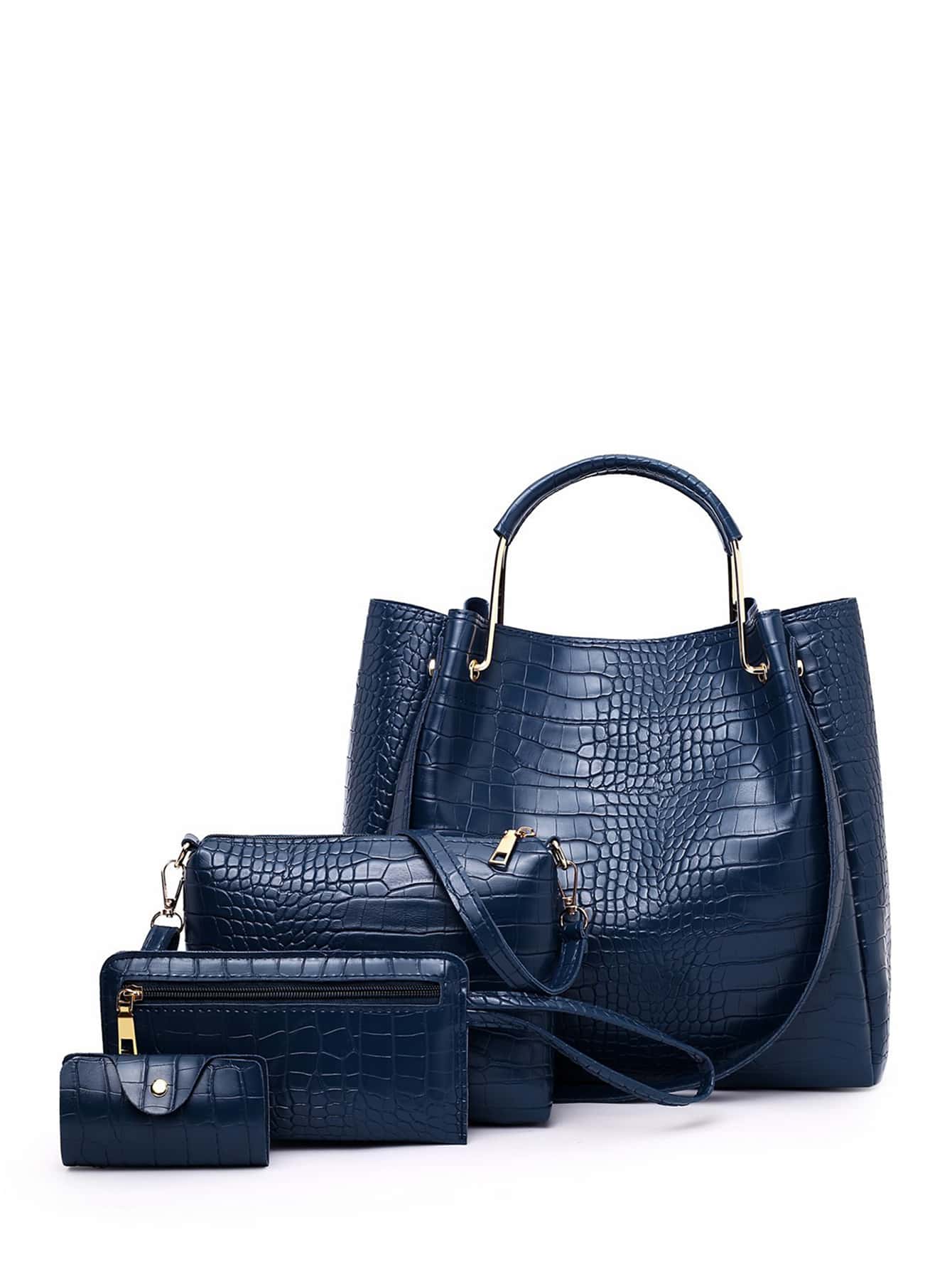PU 纯色时尚鳄鱼纹复古通勤手提托特包斜挎包零钱包 4 件套 - 藍色 - 查看 1