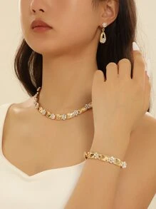 4入组/套金色合金水鑽鑲嵌花造型耳環和項鏈適合女士,適用於魅力四射派對,禮品 - 金黃色 - 查看 1