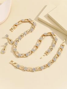 4入组/套金色合金水鑽鑲嵌花造型耳環和項鏈適合女士,適用於魅力四射派對,禮品 - 金黃色 - 查看 3