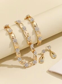 4入组/套金色合金水鑽鑲嵌花造型耳環和項鏈適合女士,適用於魅力四射派對,禮品 - 金黃色 - 查看 4