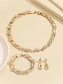 4入组/套金色合金水鑽鑲嵌花造型耳環和項鏈適合女士,適用於魅力四射派對,禮品 - 金黃色 - 查看 2