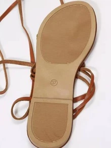 女士腿部繫帶設計平底時尚夏天丁字褲綁帶涼鞋 - 棕色 - 查看 4
